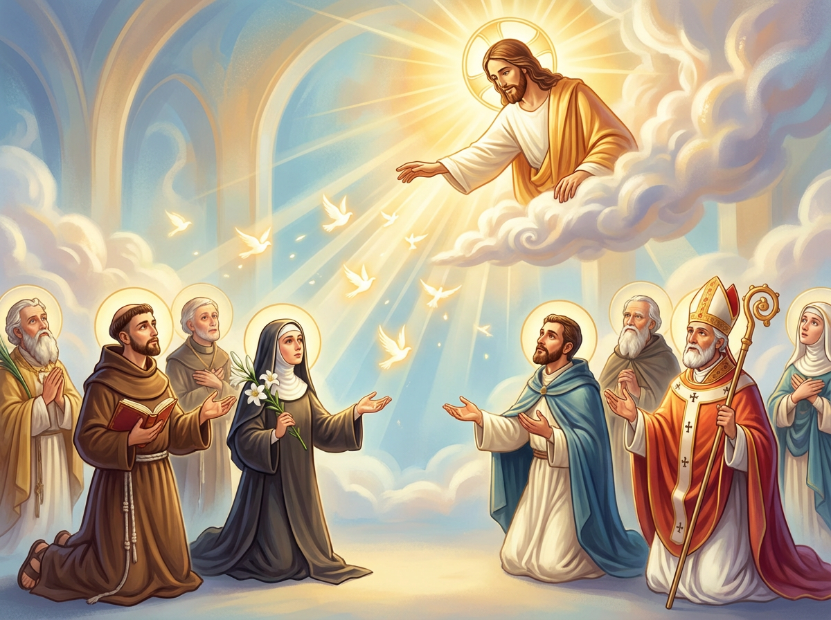 Saints in various religious attire looking up at a radiant Jesus surrounded by white doves.