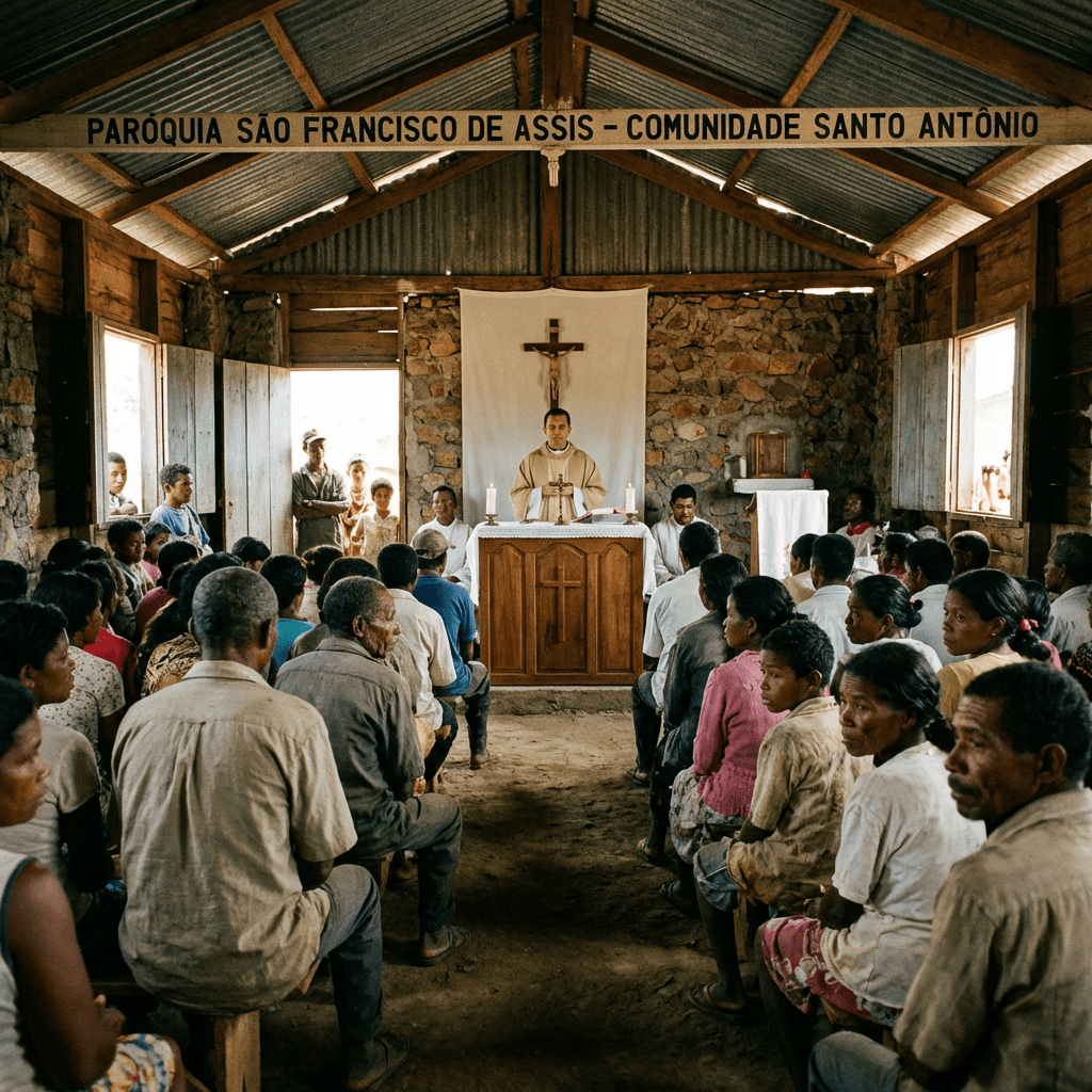 Priest leading Mass for a congregation in a chapel labeled PARÓQUIA SÃO FRANCISCO DE ASSIS.