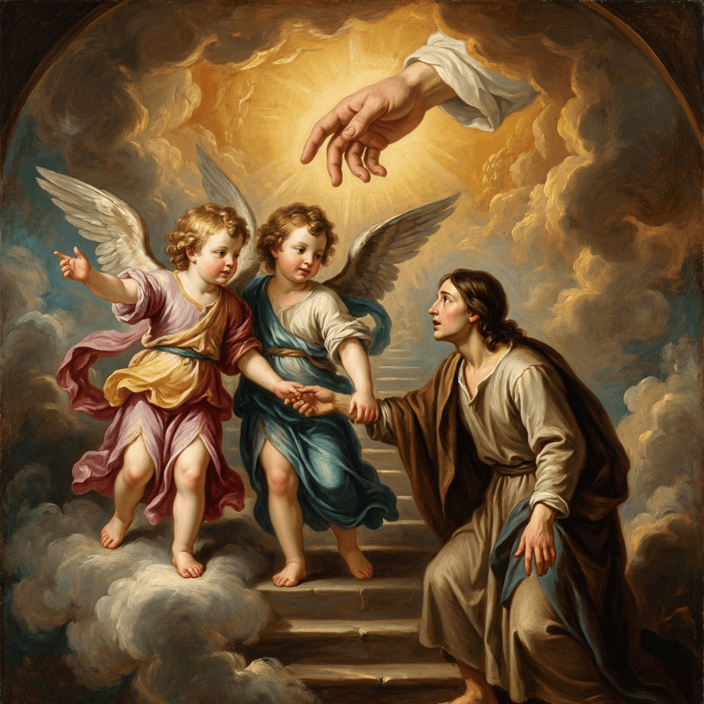 Angels guide a man up stone stairs toward a large hand descending from golden clouds.