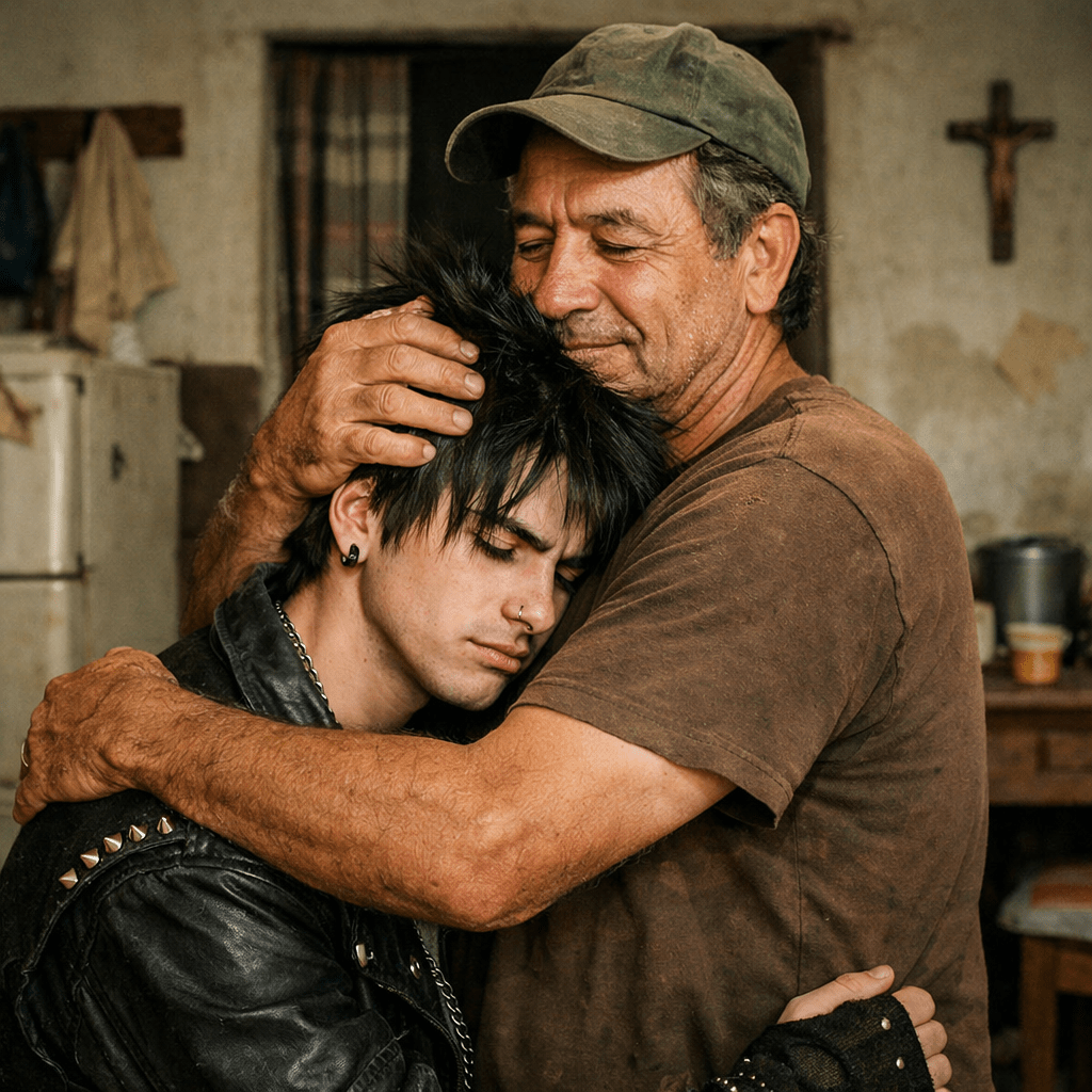 Father gently hugging and comforting his upset son indoors.