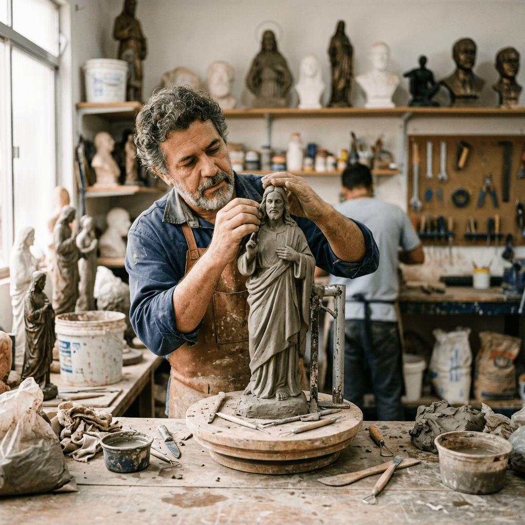 Artist sculpting a statue of Jesus with tools and clay in a workshop