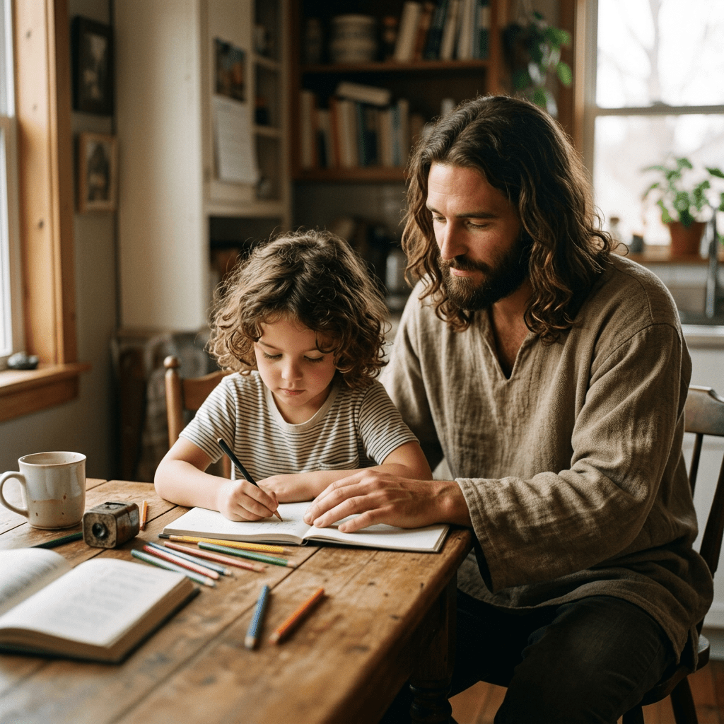 Father assisting child with drawing and writing at wooden table with colored pencils