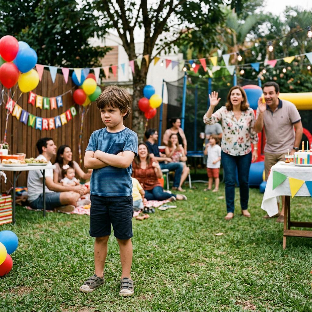 Young boy with crossed arms looking unhappy at outdoor birthday party