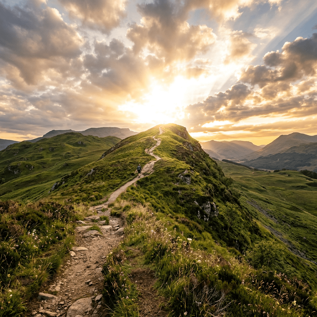 Winding hiking trail on green mountain ridge with sunset and clouds