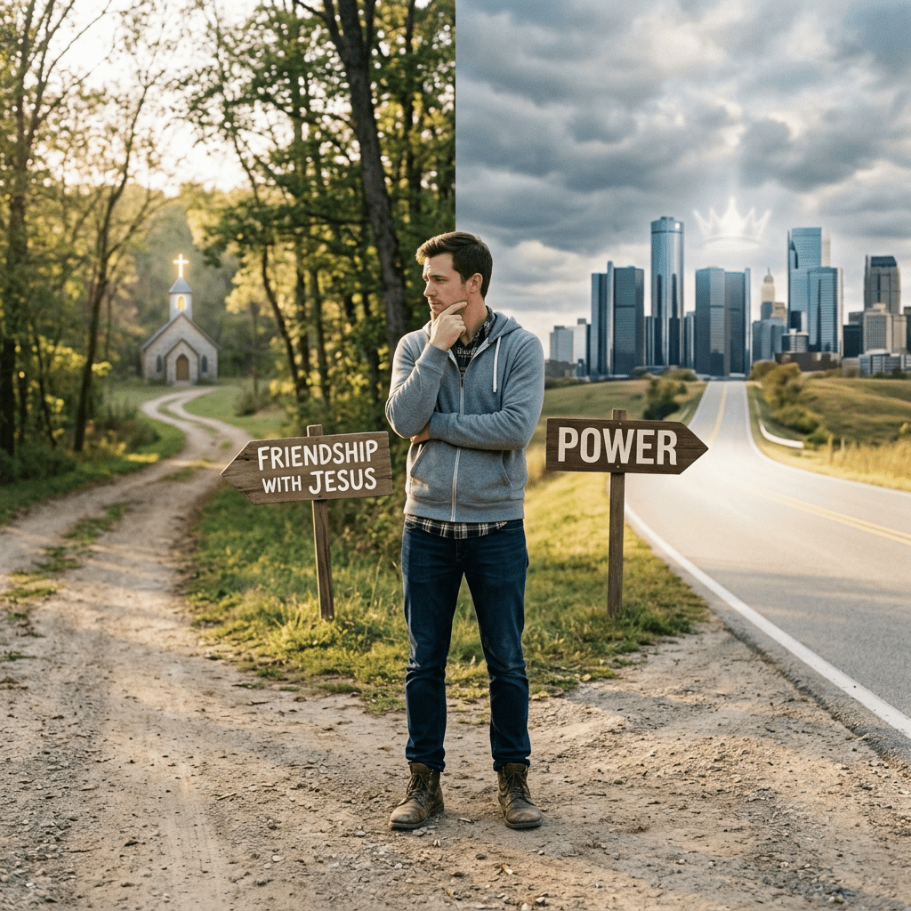 Man standing at crossroads between signposts labeled 'Friendship with Jesus' and 'Power' with a church on one path and a city skyline on the other