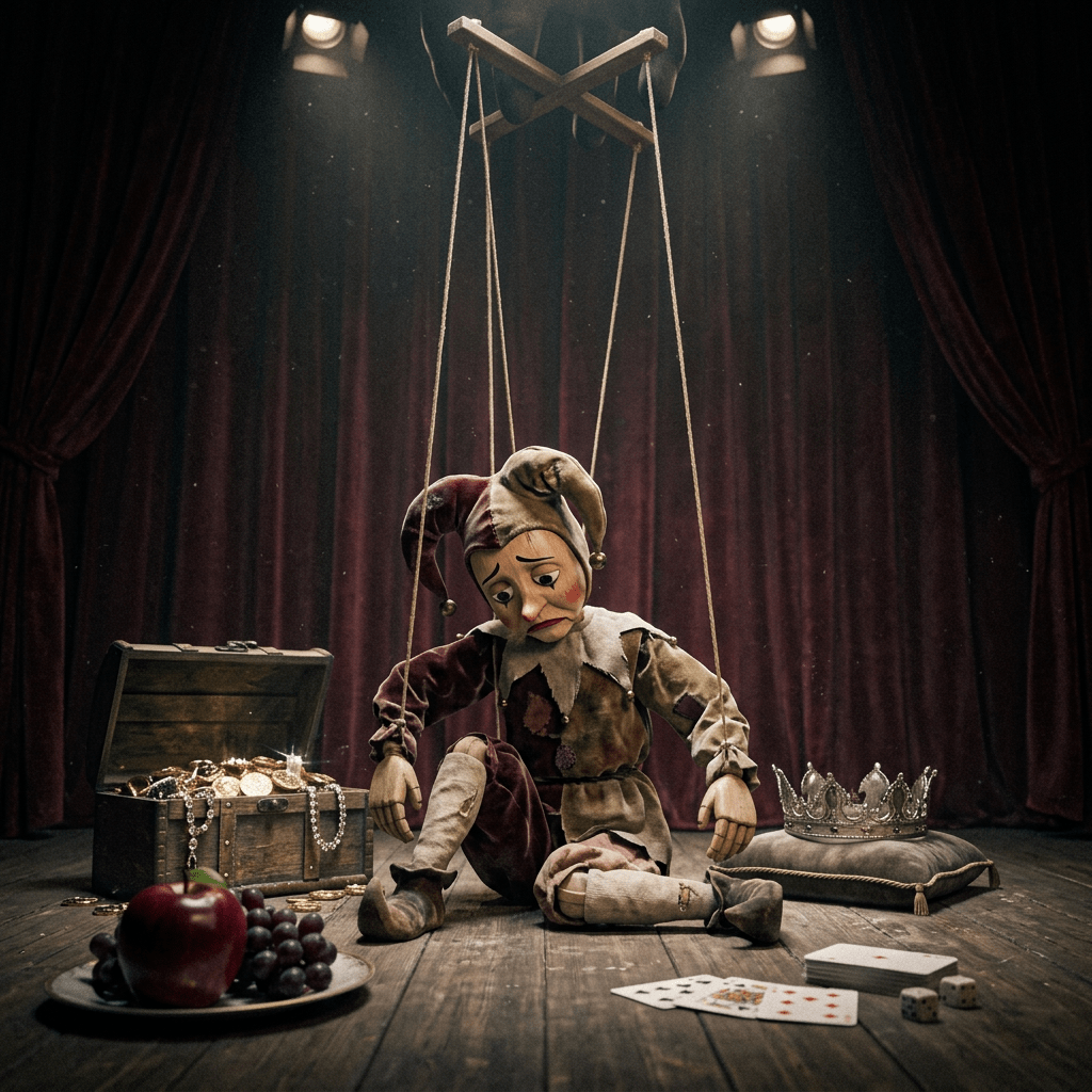 Sad jester puppet sitting on stage with treasure chest, crown, fruit, and cards