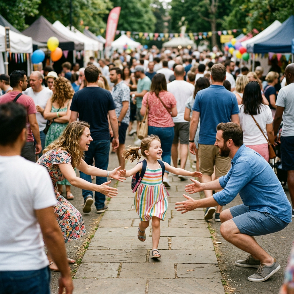 Little girl running happily to parents at crowded street festival