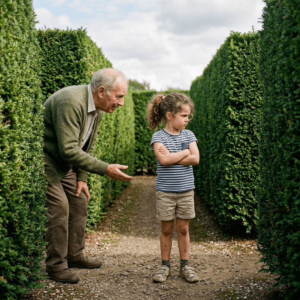 Older man speaking gently to a young girl with arms crossed outdoors