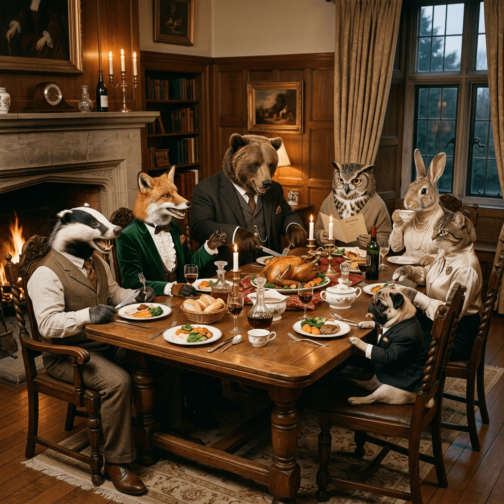 Anthropomorphic badger, fox, bear, owl, rabbit, cat, and pug at a dining table with a roasted turkey