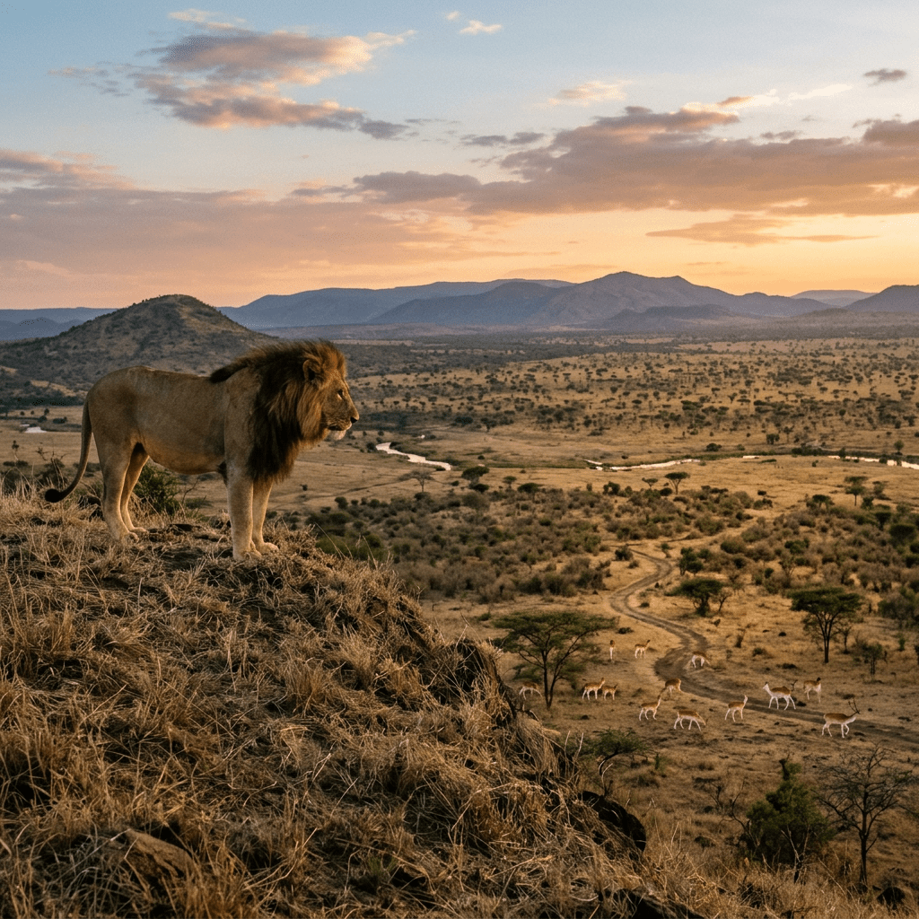 Lion standing on hill overlooking antelope and savannah landscape at sunset
