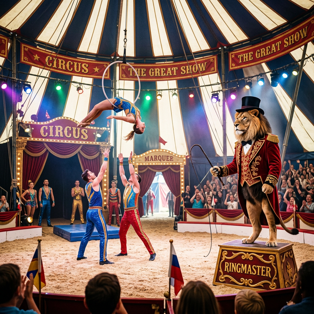 Acrobat flipping through a suspended hoop while two performers catch her; lion in ringmaster costume holding a whip on a pedestal