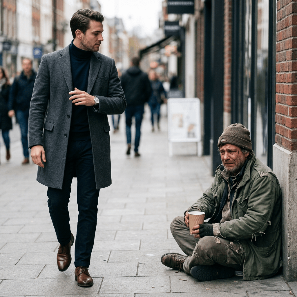 Homeless man sitting on sidewalk holding cup while a well-dressed man walks by