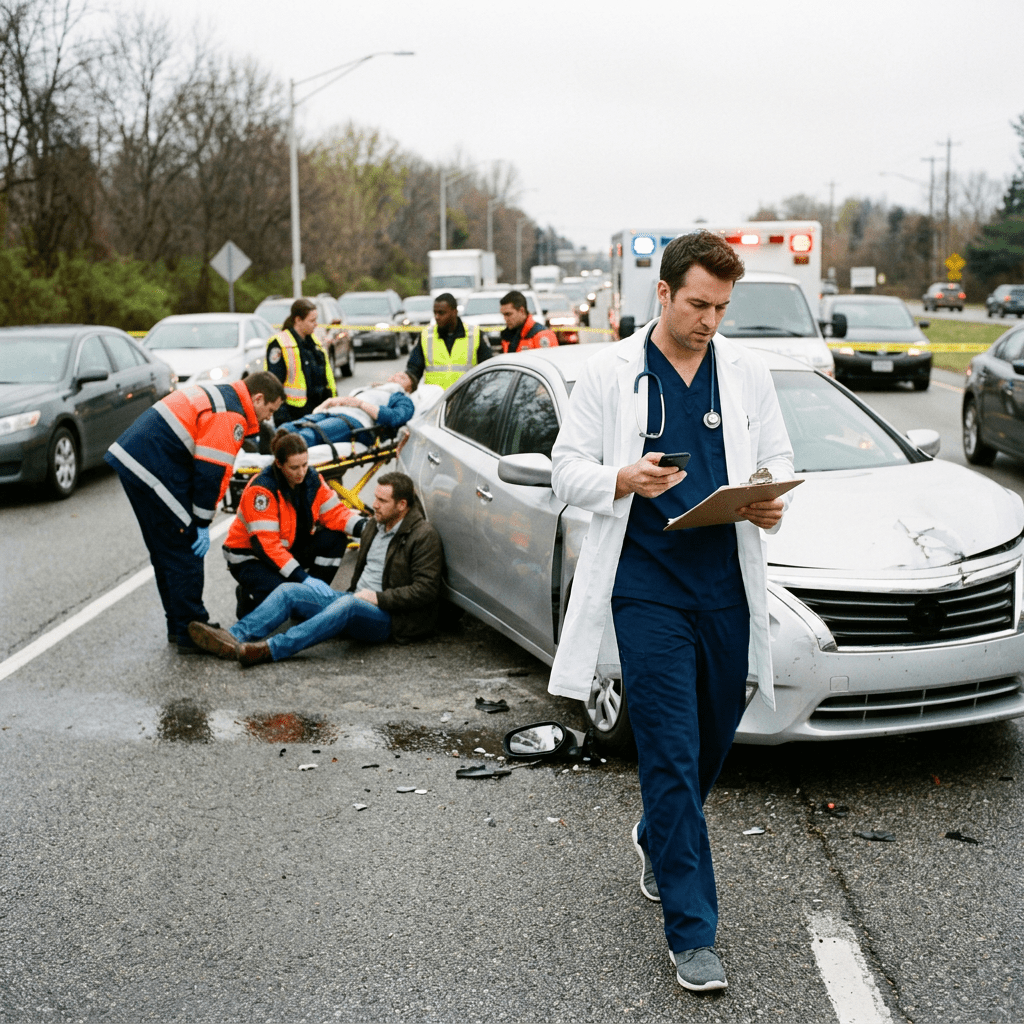 Medical personnel attending injured people after a car accident on a busy road