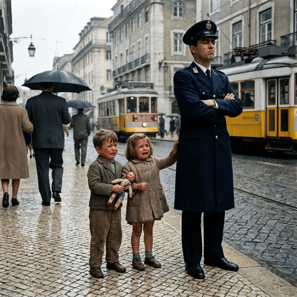 Two crying children holding a doll stand beside a police officer in uniform on a rainy street with trams and pedestrians holding umbrellas