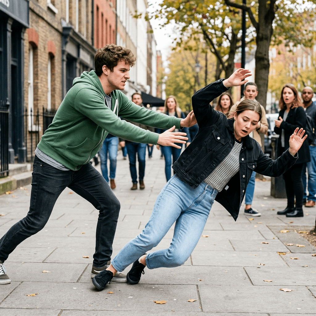 Man pushing a woman who is losing her balance on a city sidewalk, with concerned pedestrians in the background