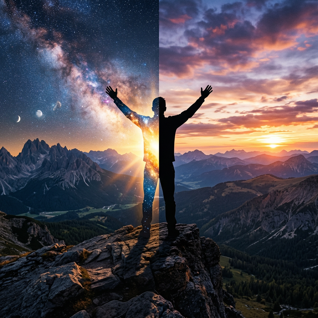 Silhouette of a person on a mountain with one half showing starry night sky and the other half a colorful sunset