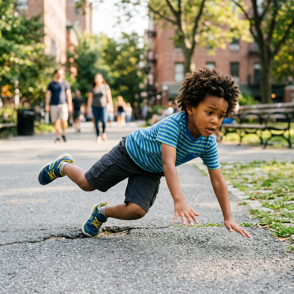 Young boy falling forward while running on cracked pavement in a park
