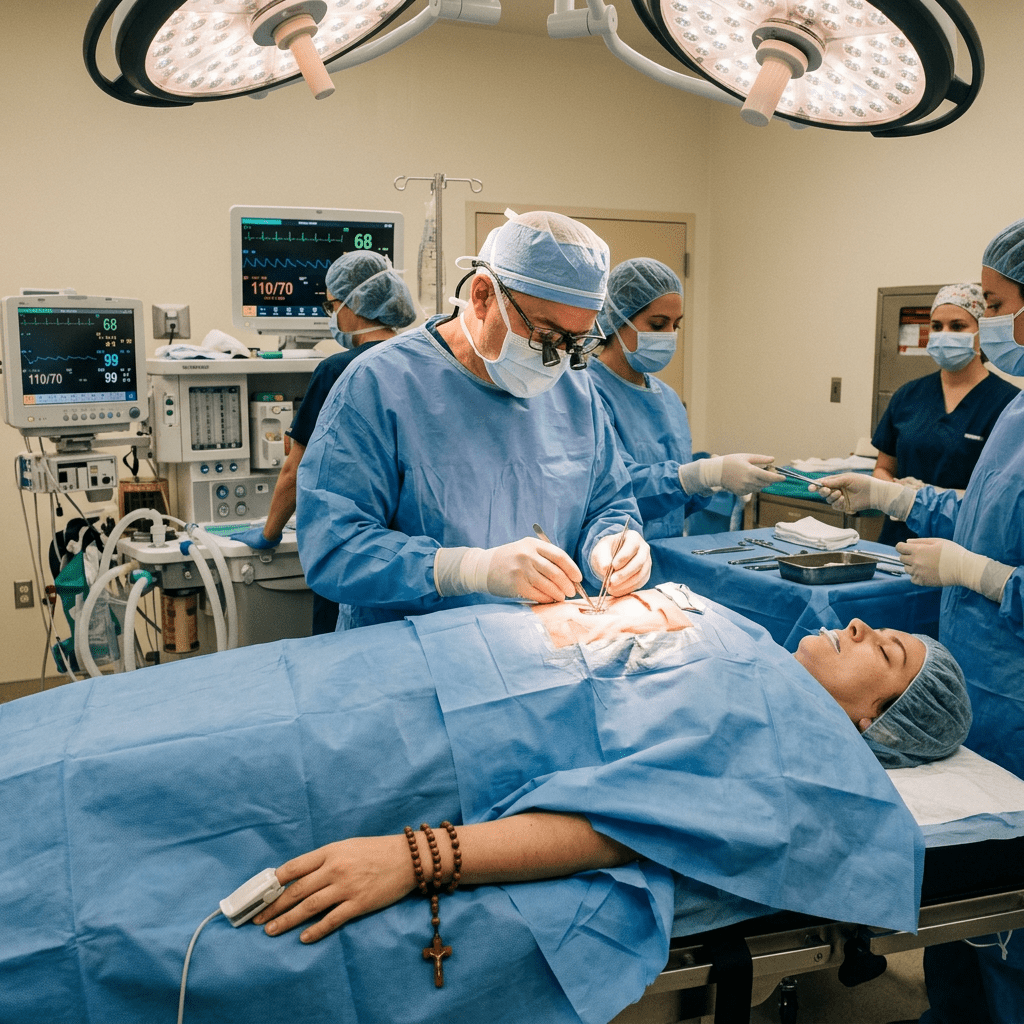 Surgical team operating on a patient under bright surgical lights