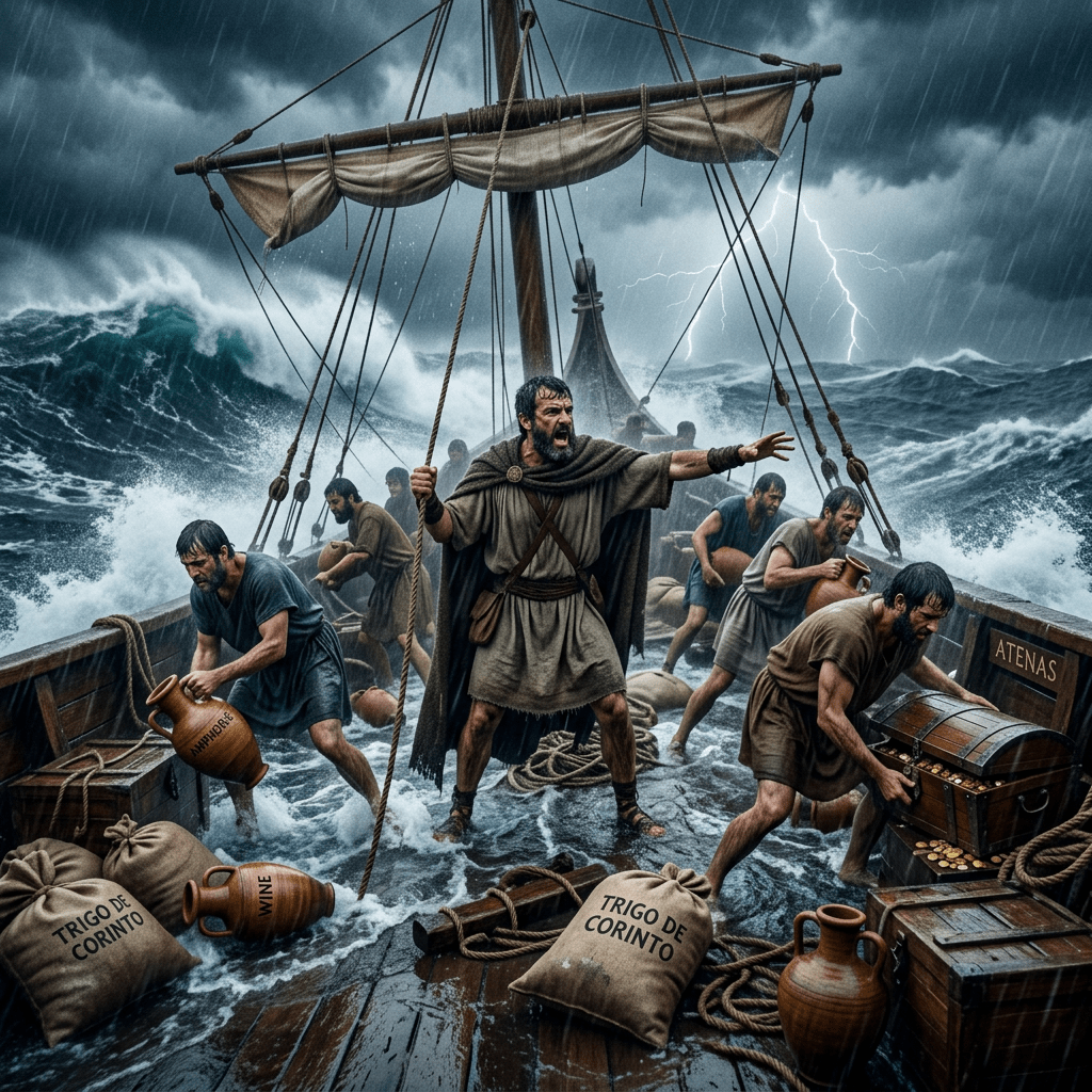 Barco grego clássico em tempestade, capitão ordenando lançar carga
