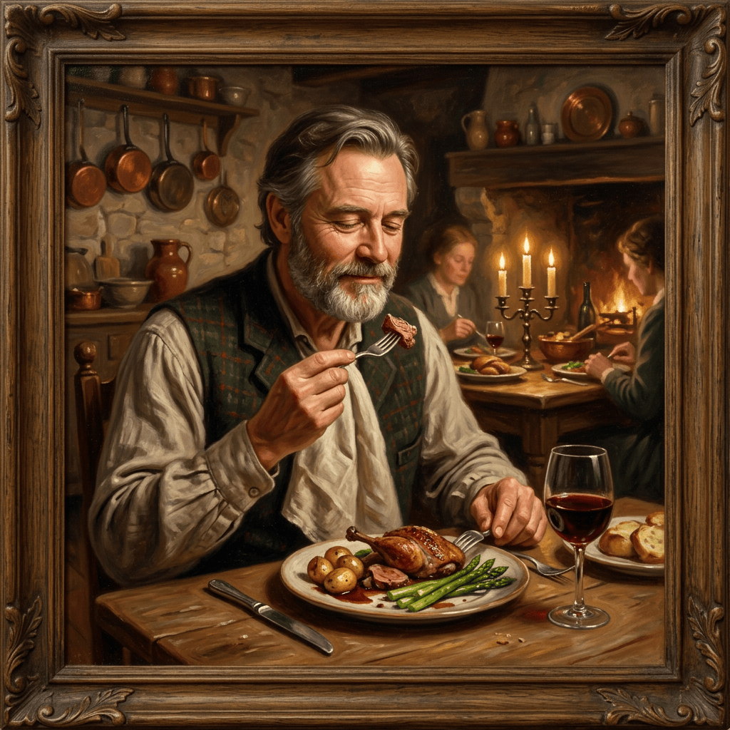 Bearded man eating roast dinner with family in a candlelit rustic kitchen