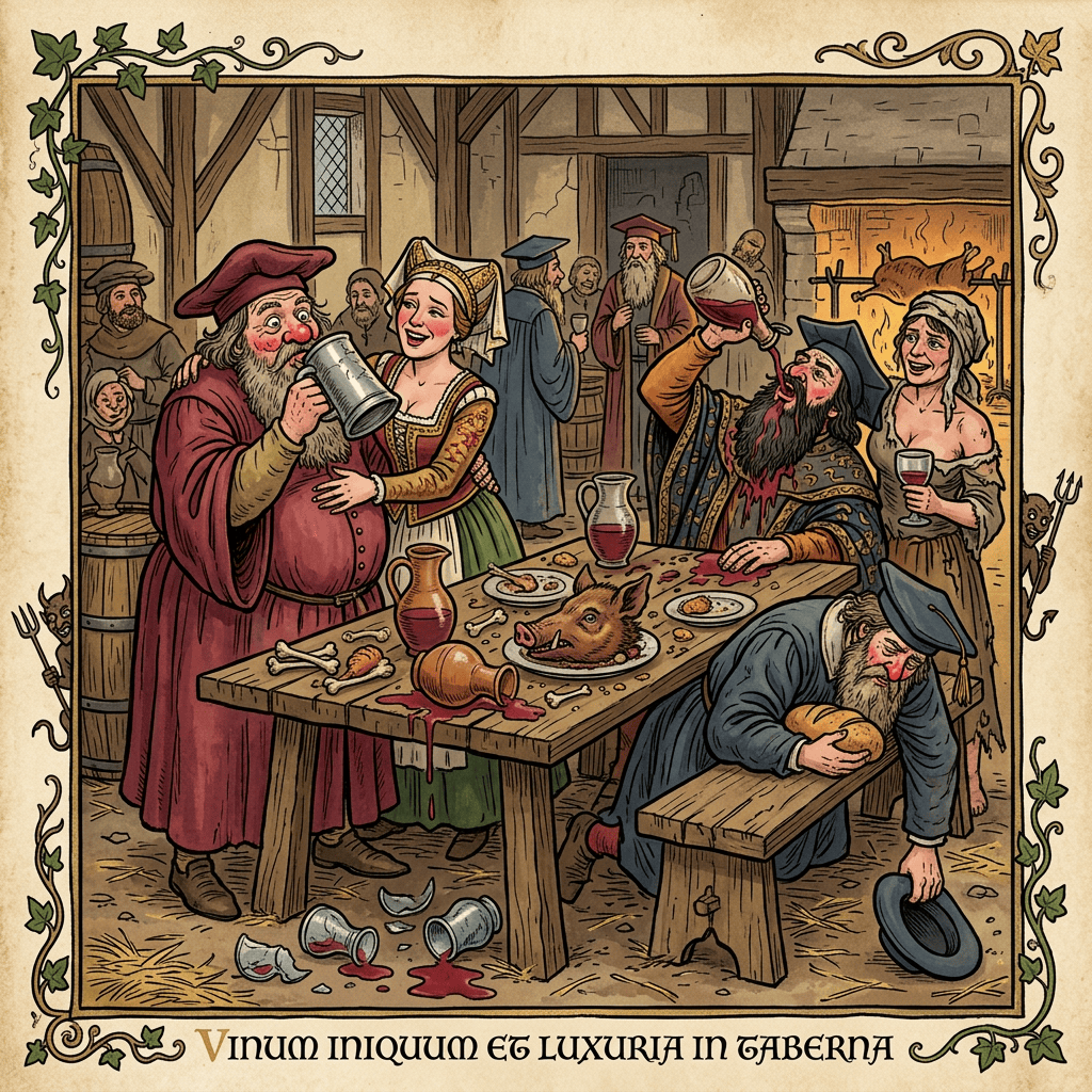 Medieval tavern feast with revelers, roast boar, spilled wine, and text: VINUM INIQUUM EST LUXURIA IN TABERNA