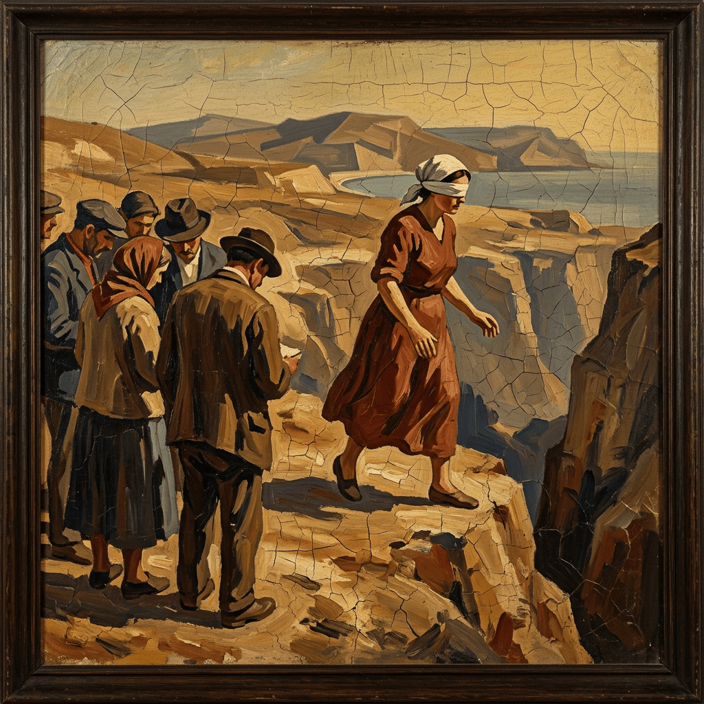 Woman walking past travelers on a rocky coastal path beside mountains and water