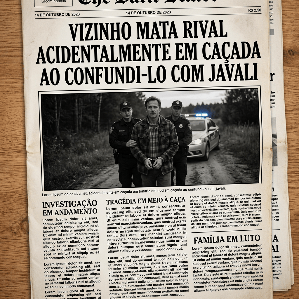 Newspaper headline: Vizinho mata rival acidentalmente em caçada ao confundi-lo com javali