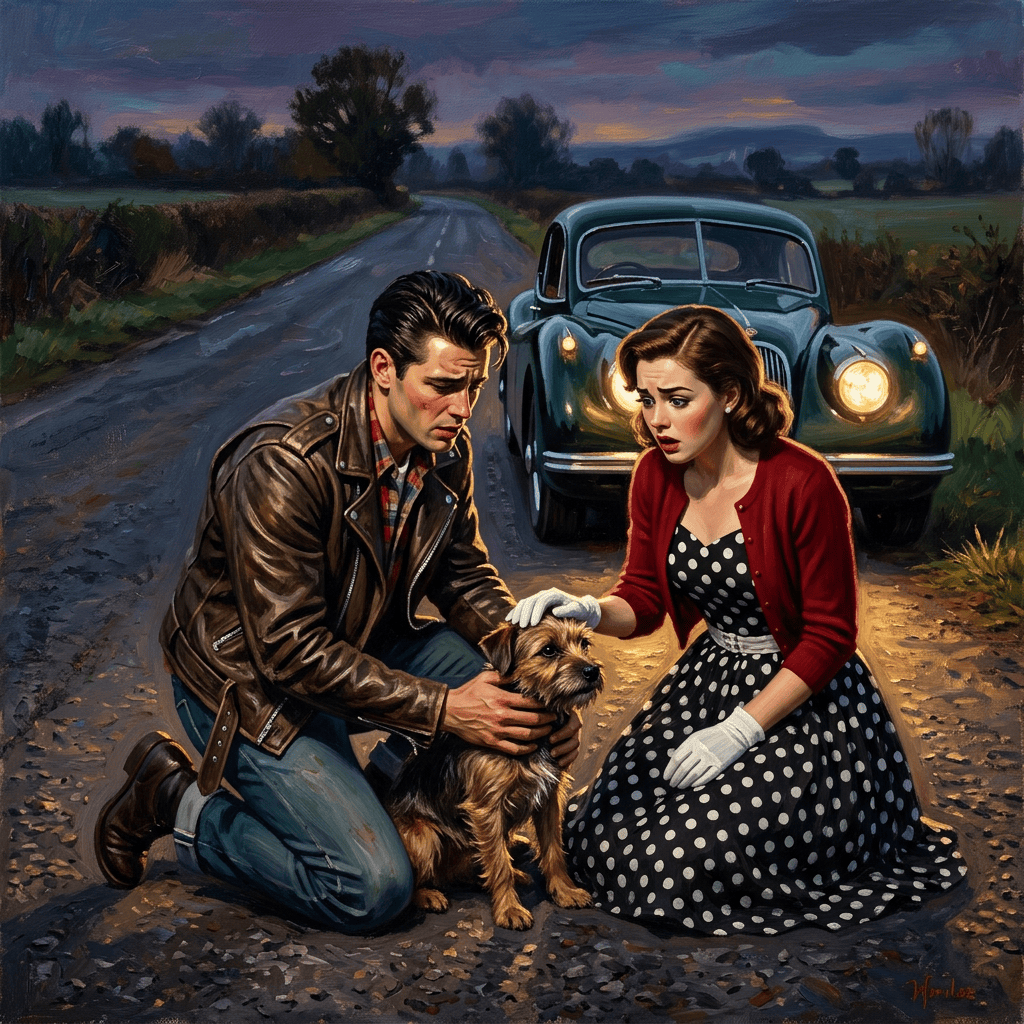 Couple comforting a small dog beside a vintage car on a country road